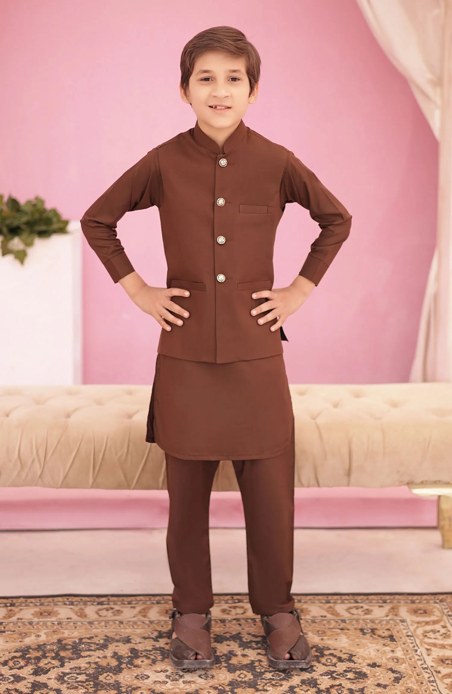 Eid Edit 3 Pcs 2024 By Hassan Jee - EW 01 Maple Brown Waistcoat Suit