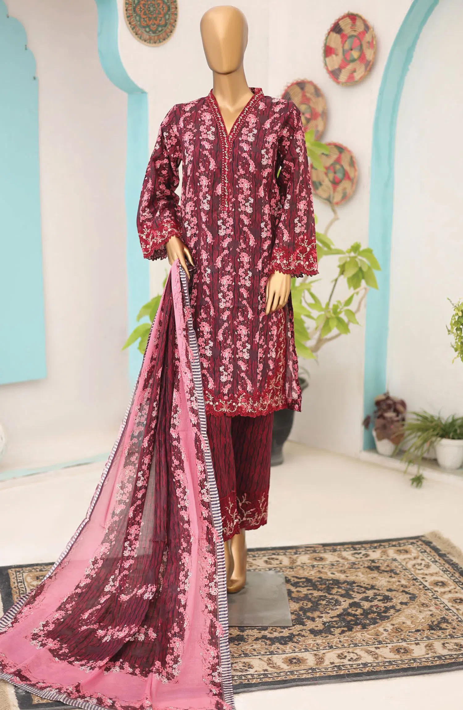 Oswah Women Embroidered Lawn Stitched Collection Vol 07 - OS-2436K MAROON